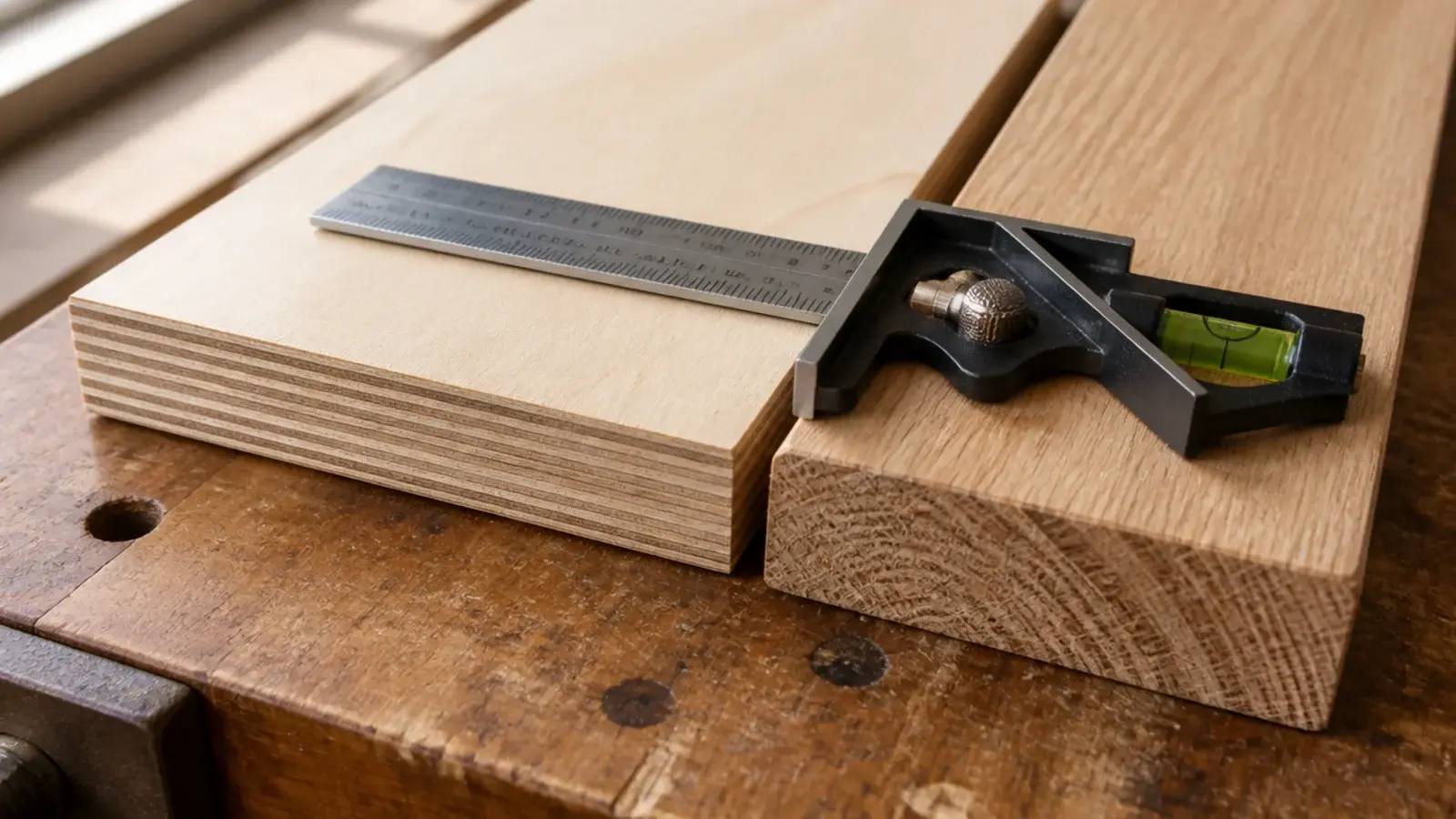 plywood edge and solid oak board compared side by side on a bench