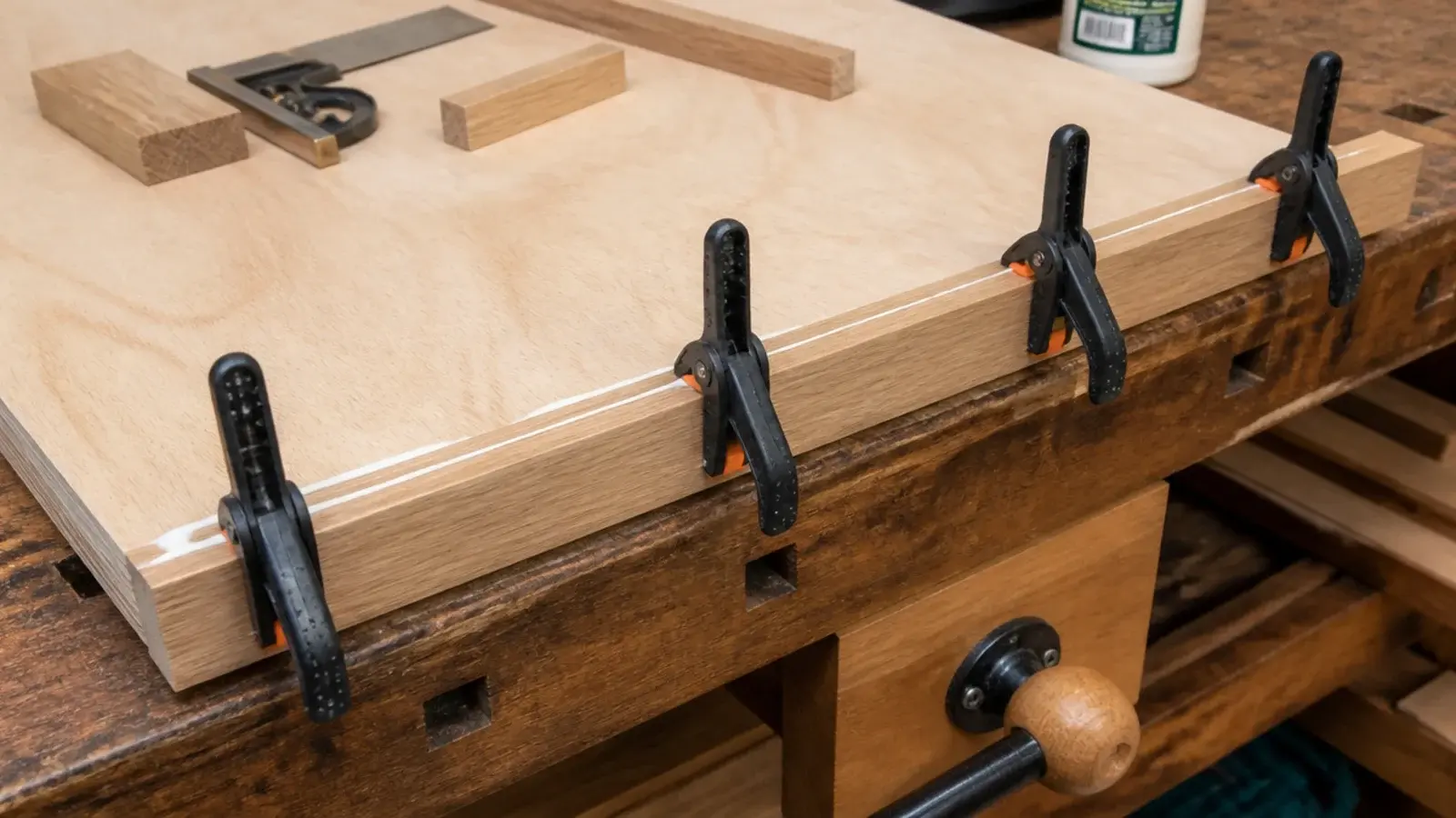 oak lip clamped to the front edge of a plywood bookshelf board