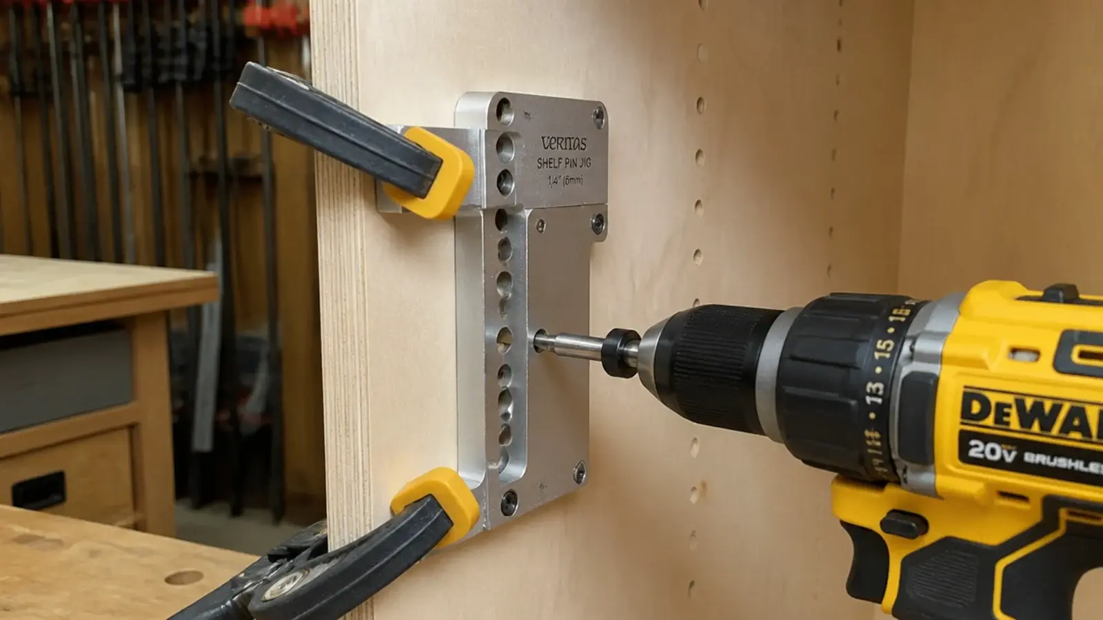 shelf pin drilling jig clamped to a plywood side panel being drilled