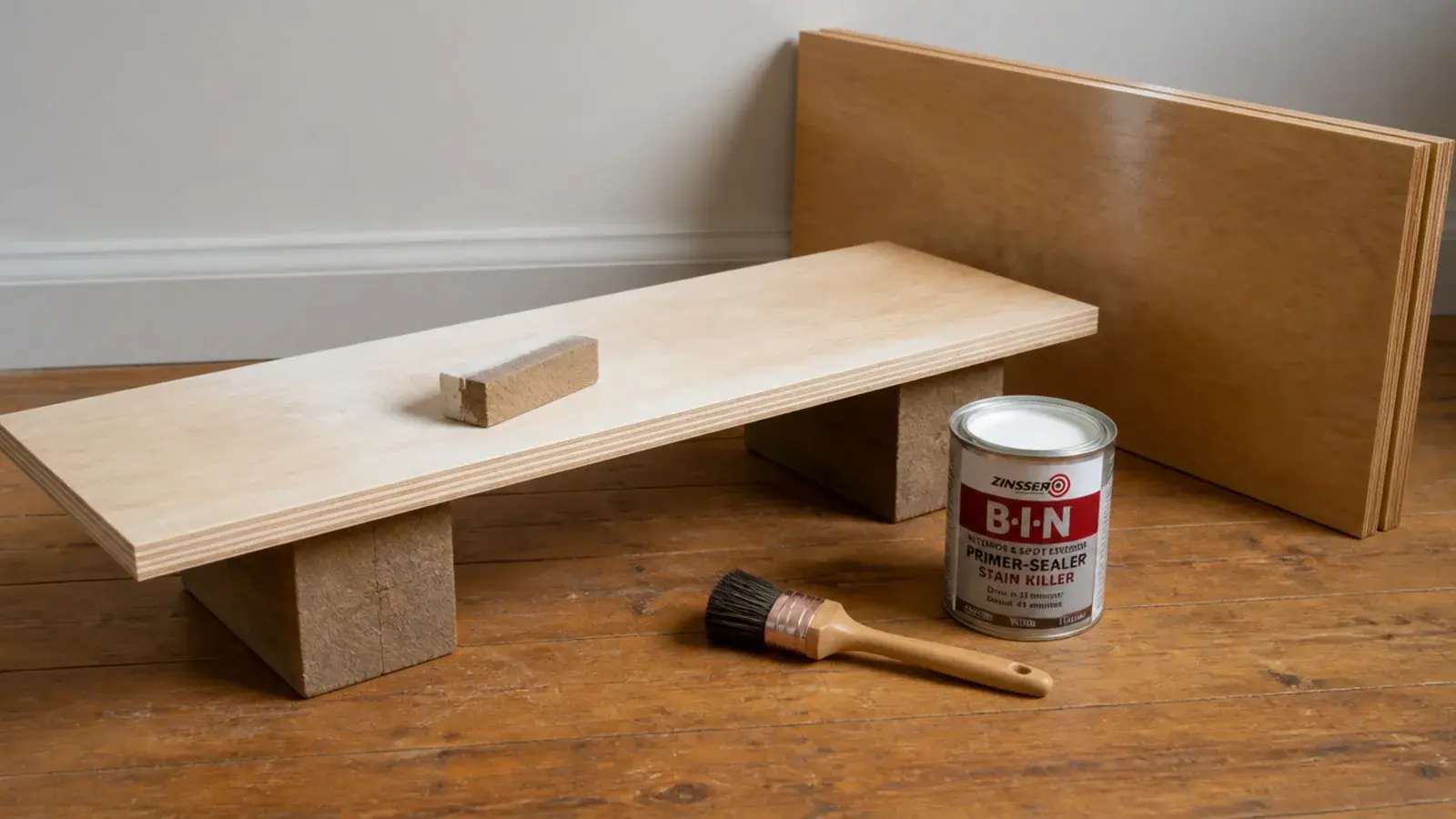 sanding block and brush finishing plywood shelves before installation