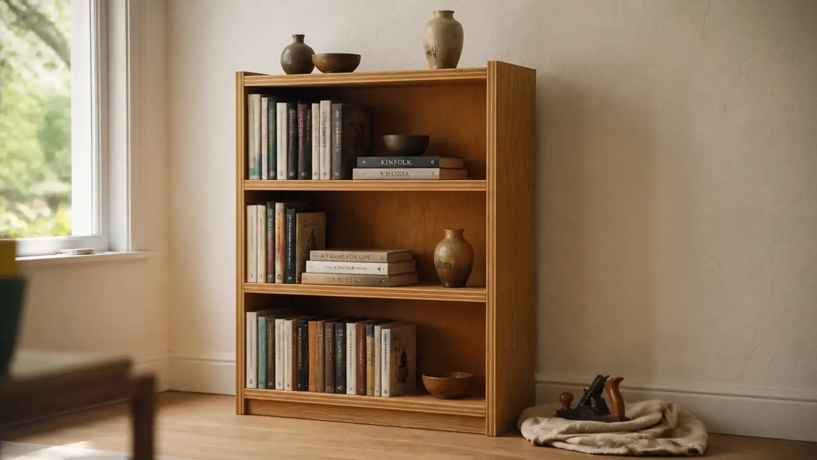 homemade plywood bookshelf freshly finished and loaded with books