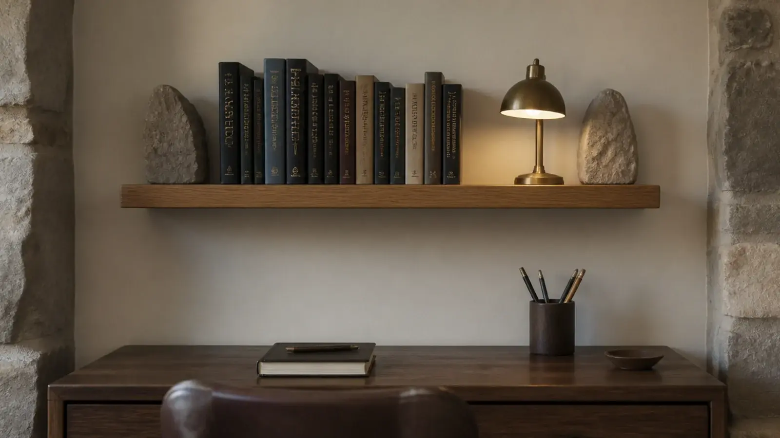 one floating oak shelf above a small desk holding reference books
