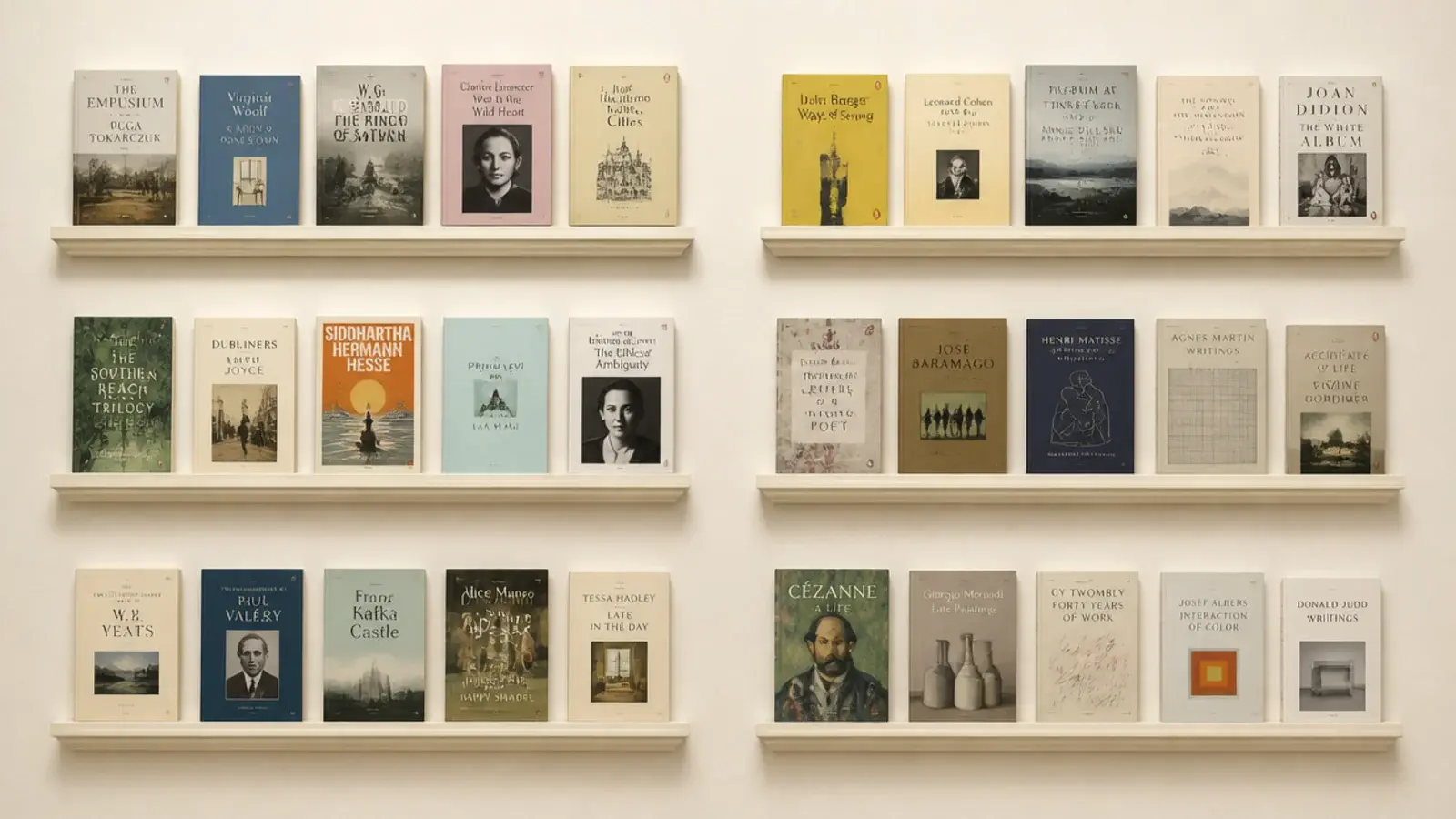 grid of shallow picture ledges displaying paperbacks cover out