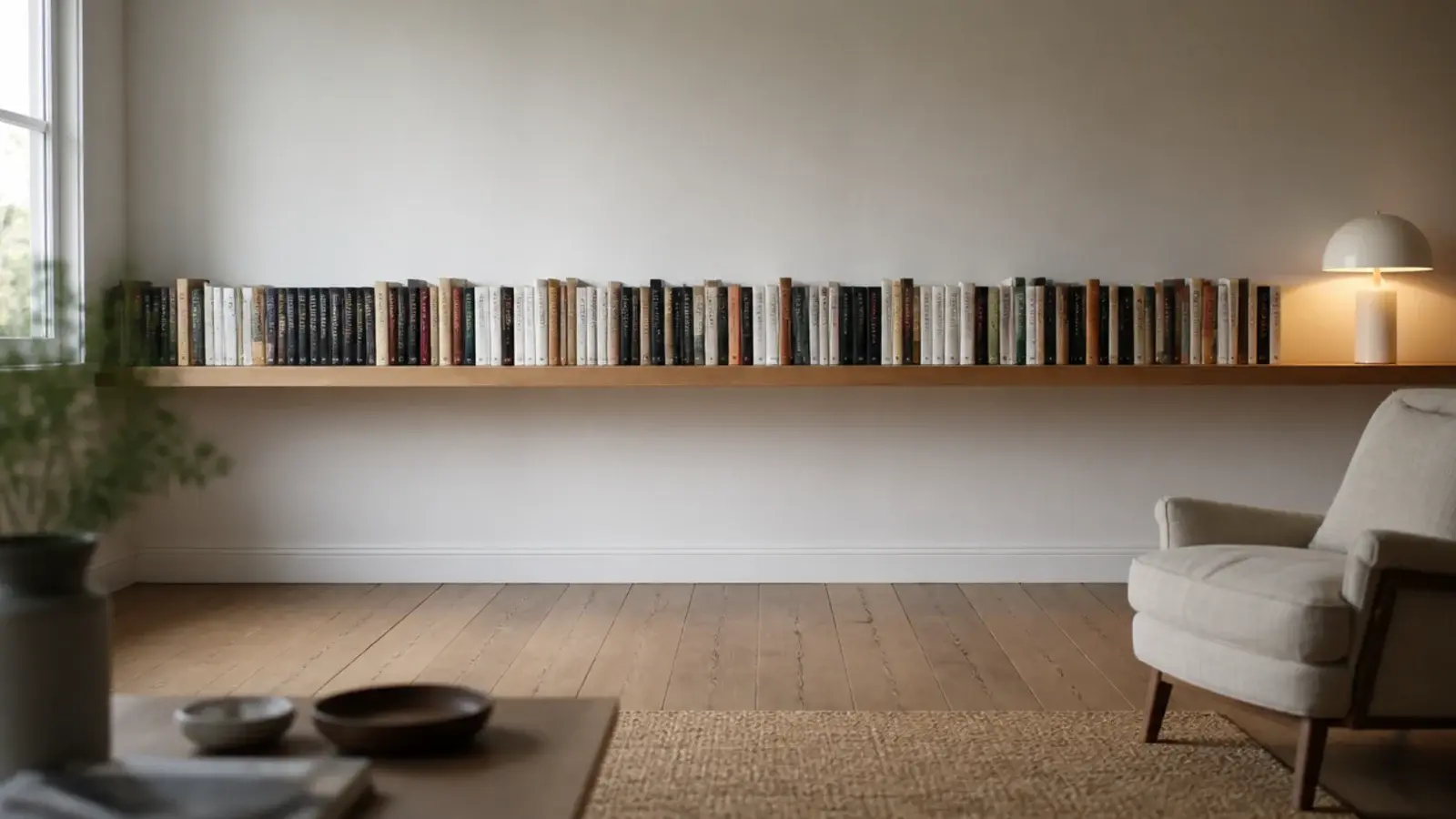 long floating shelf running the full width of a wall with books