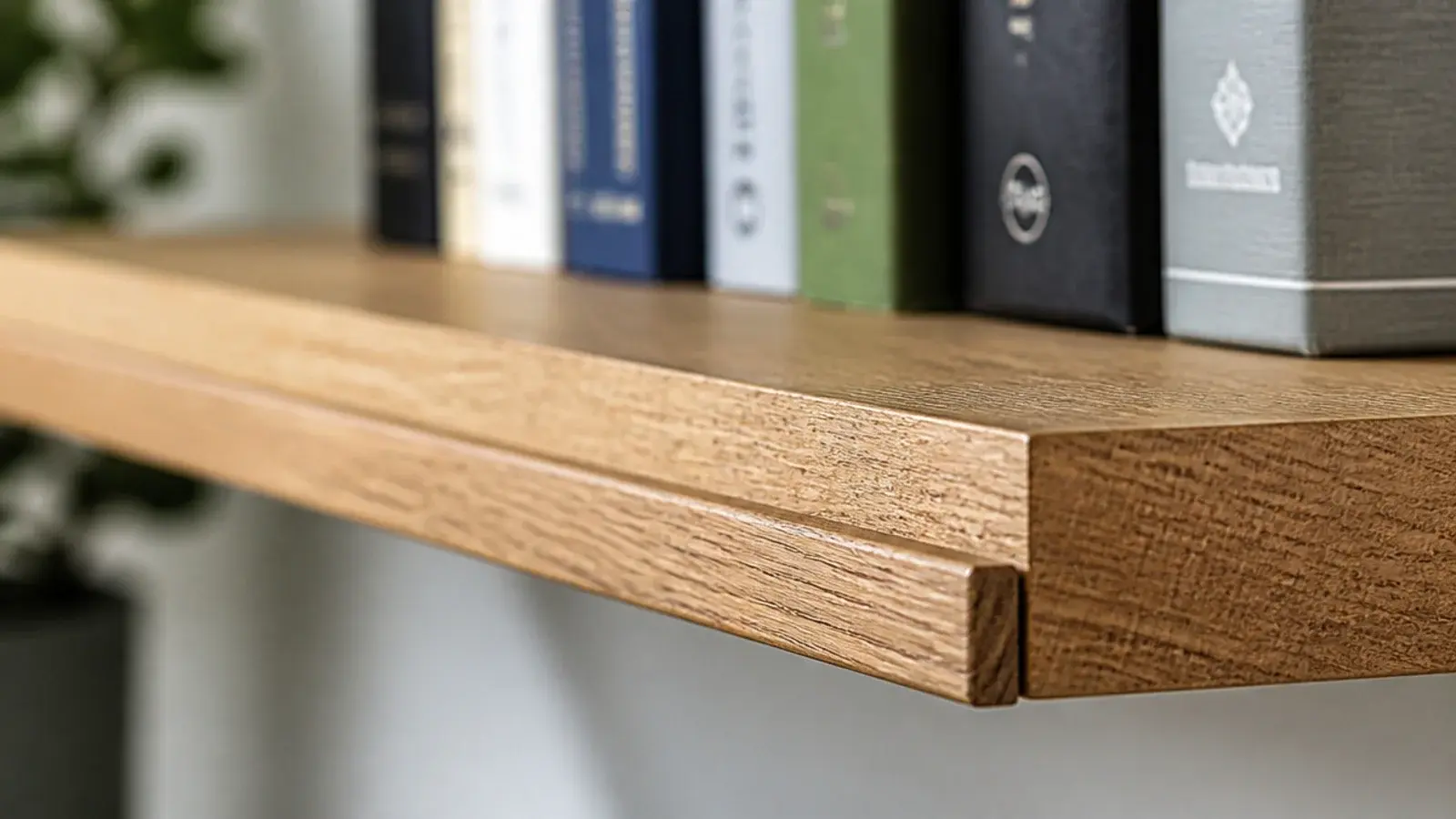 oak lip along the front edge of a floating shelf stiffening the span