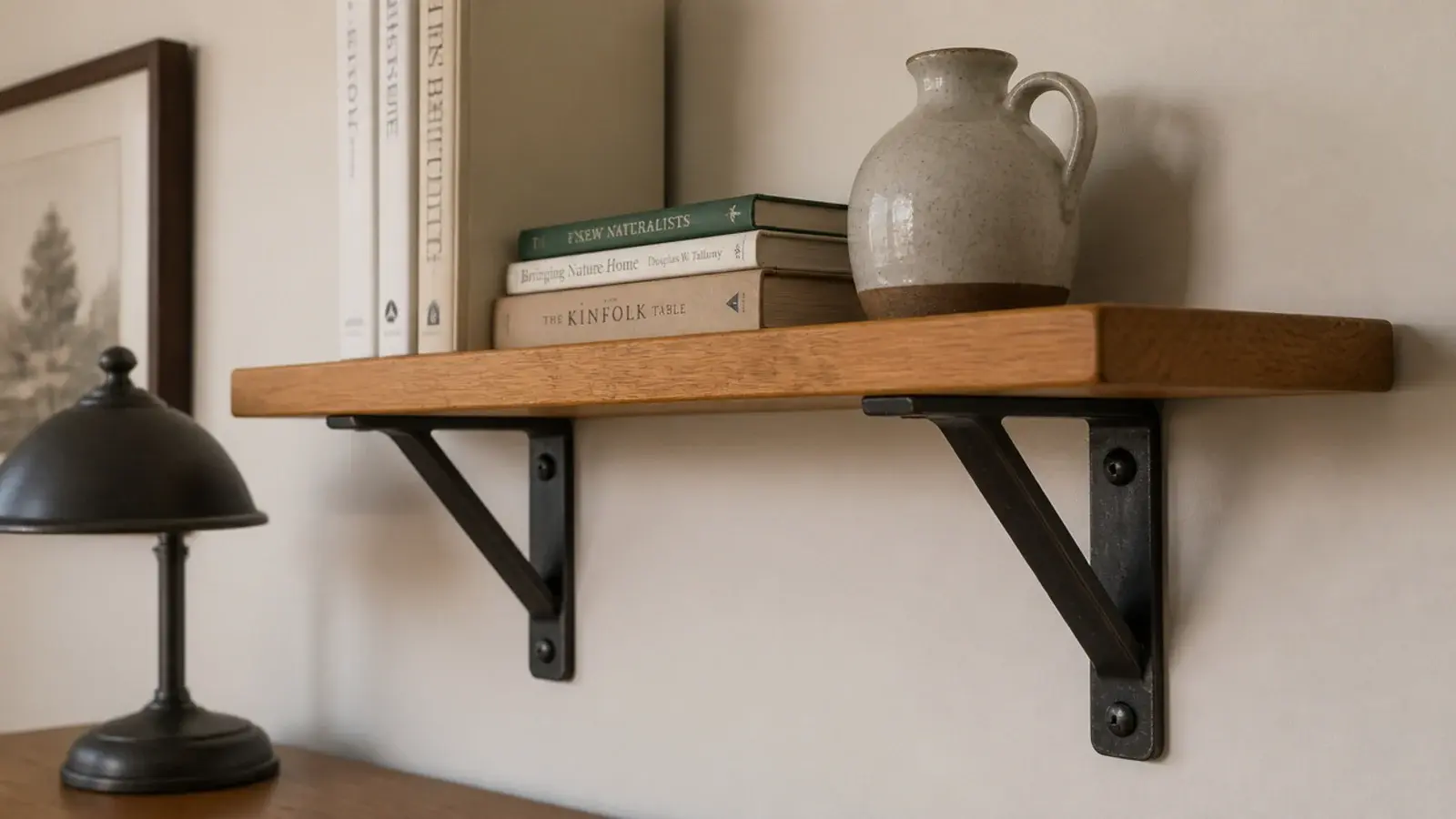blackened steel brackets under a warm oak floating bookshelf