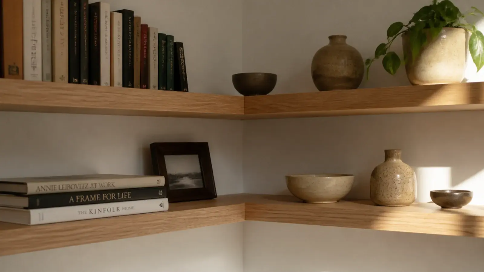 two floating shelves meeting in a corner forming a continuous return