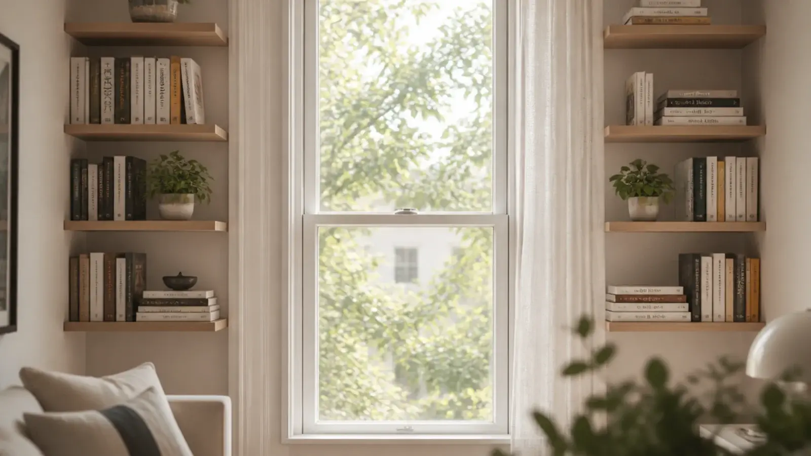 floating shelves running up both sides of a window holding books