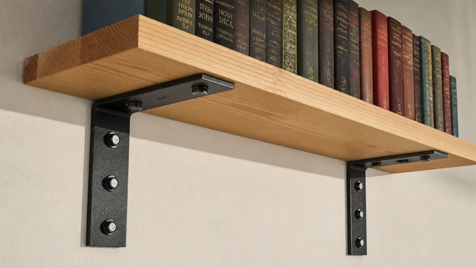 heavy black angle brackets carrying a thick floating bookshelf