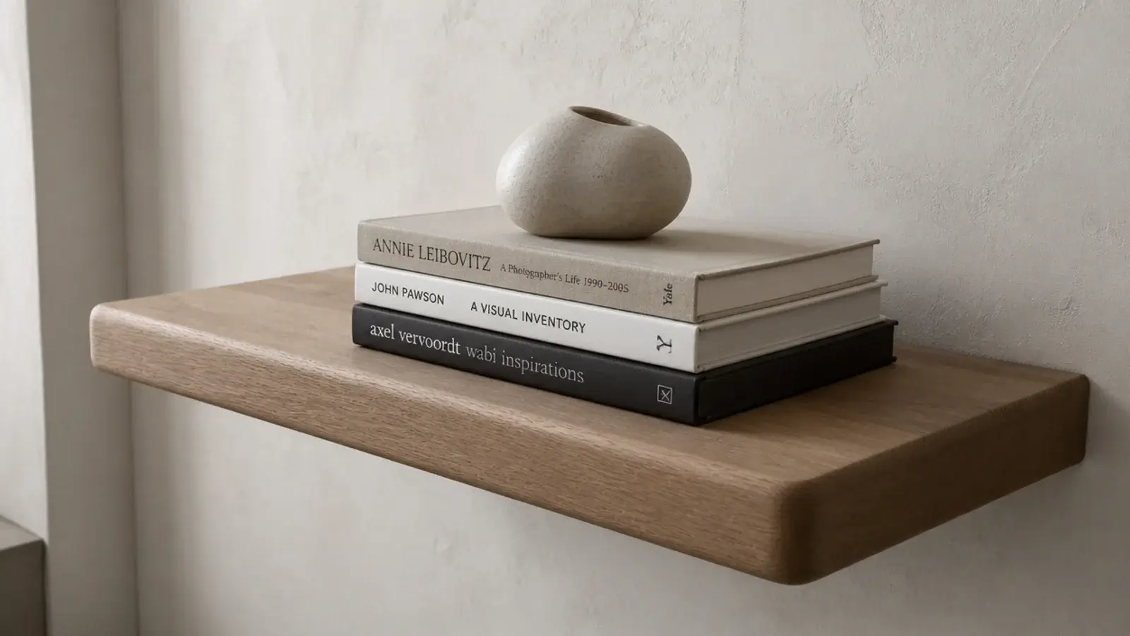 deep floating shelf holding oversized art books lying flat