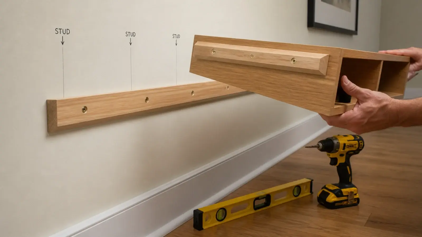 french cleat strip screwed to studs before a shelf drops onto it