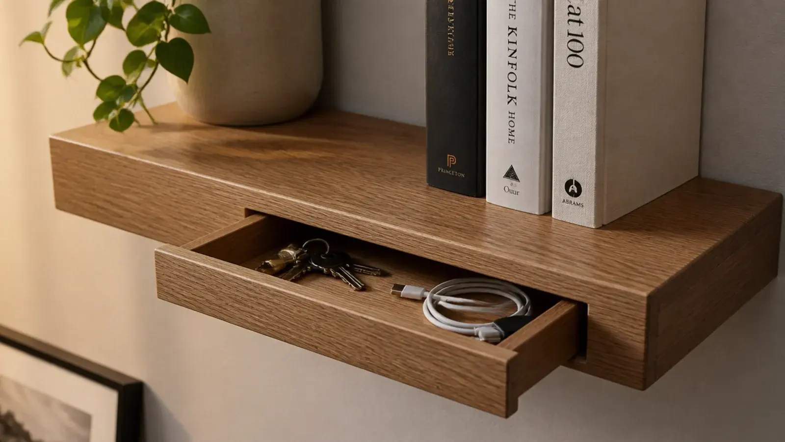 floating shelf with a slim concealed drawer pulled slightly open