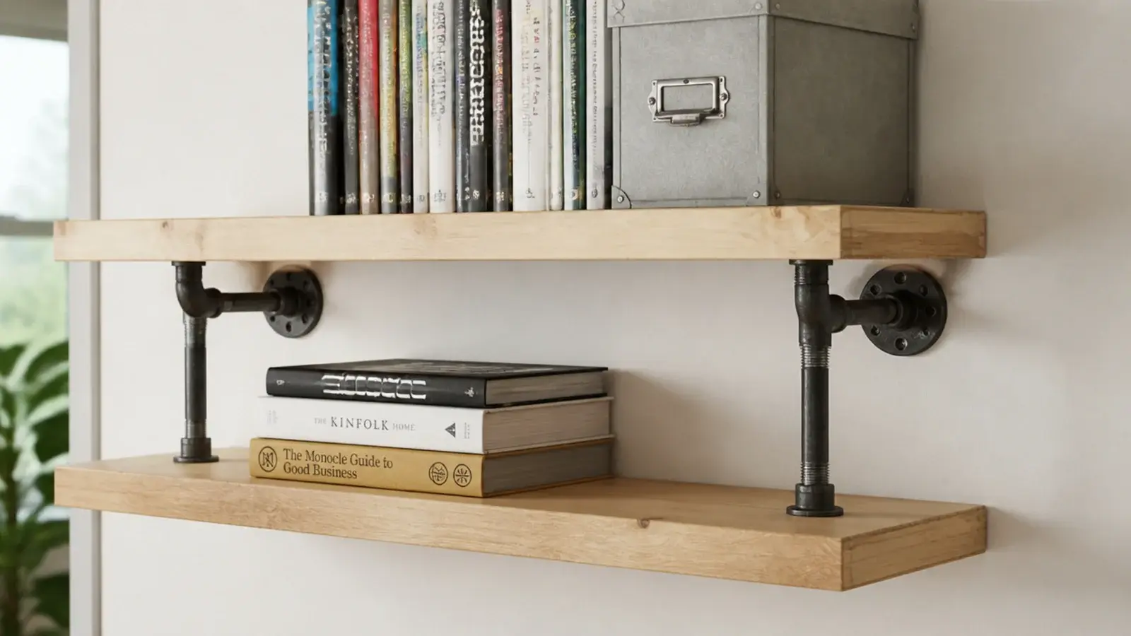 black pipe flanges carrying pine boards as industrial book shelves