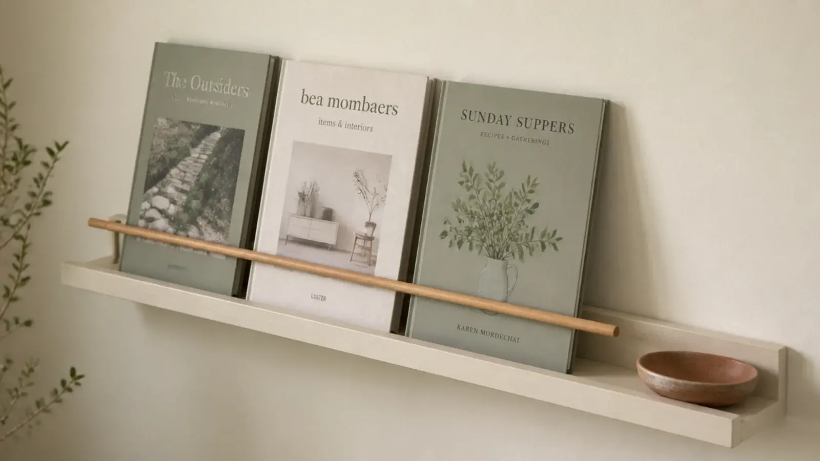 slim dowel rail across a shallow ledge holding books cover forward