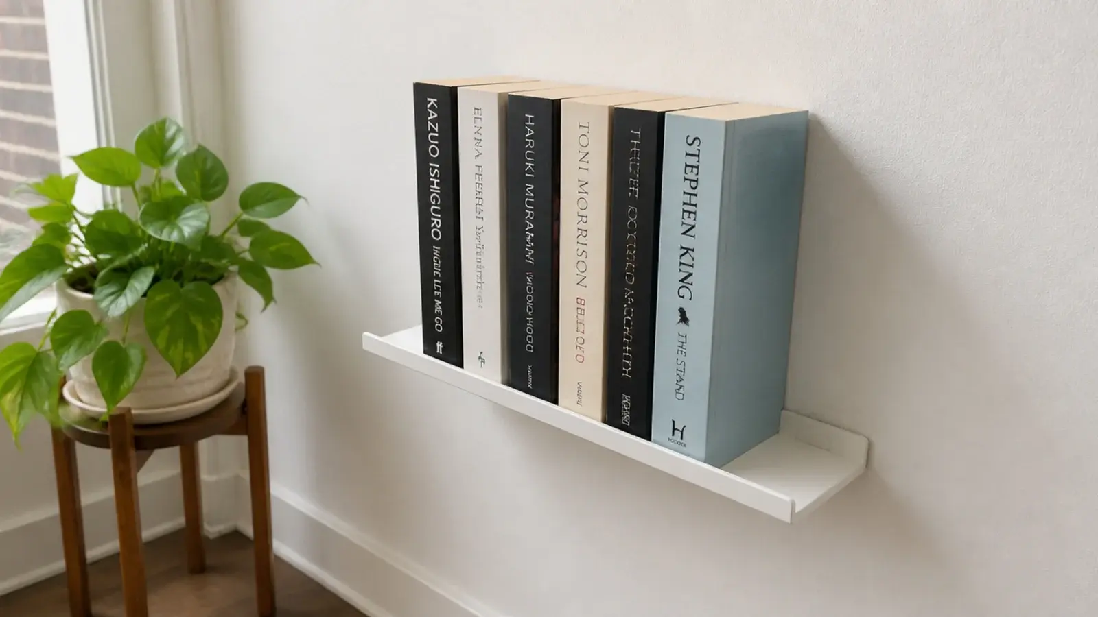 adhesive mounted ledge holding a light row of paperbacks on a wall