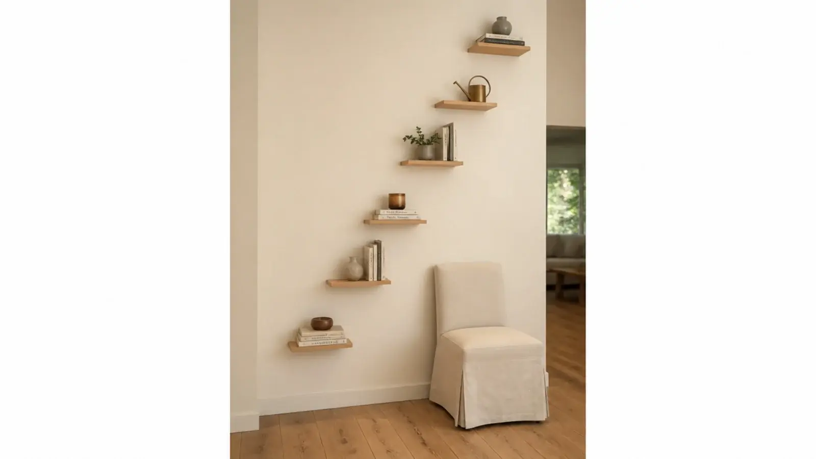 staggered floating shelves climbing a wall like an open ladder