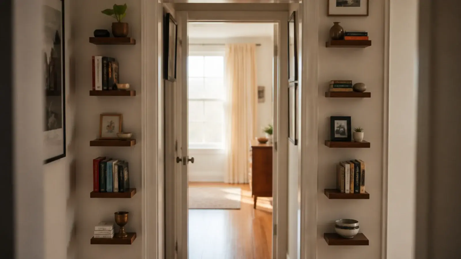 floating shelves stacked either side of a doorway holding books