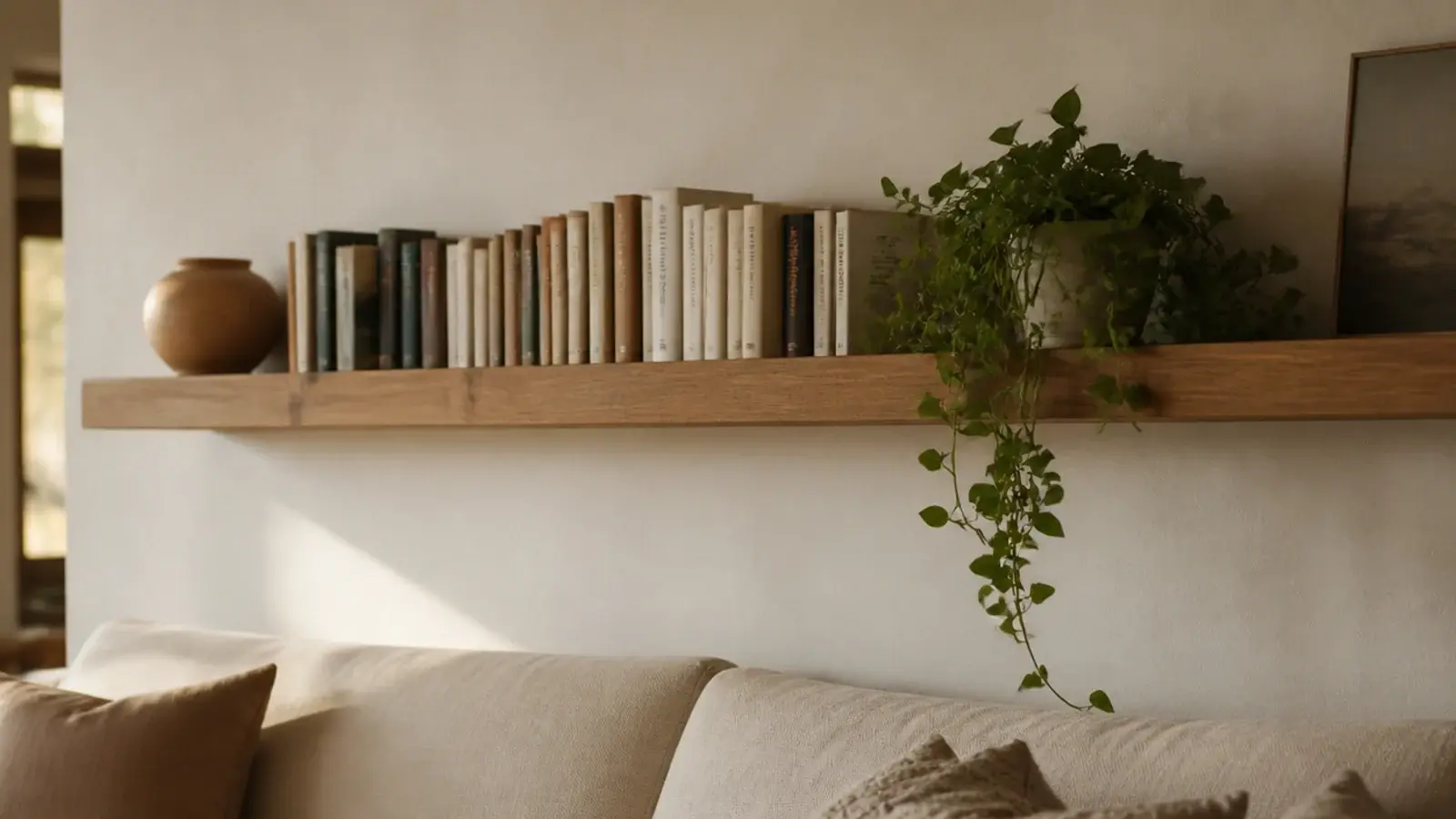 floating bookshelf run mounted stud to stud above a linen sofa