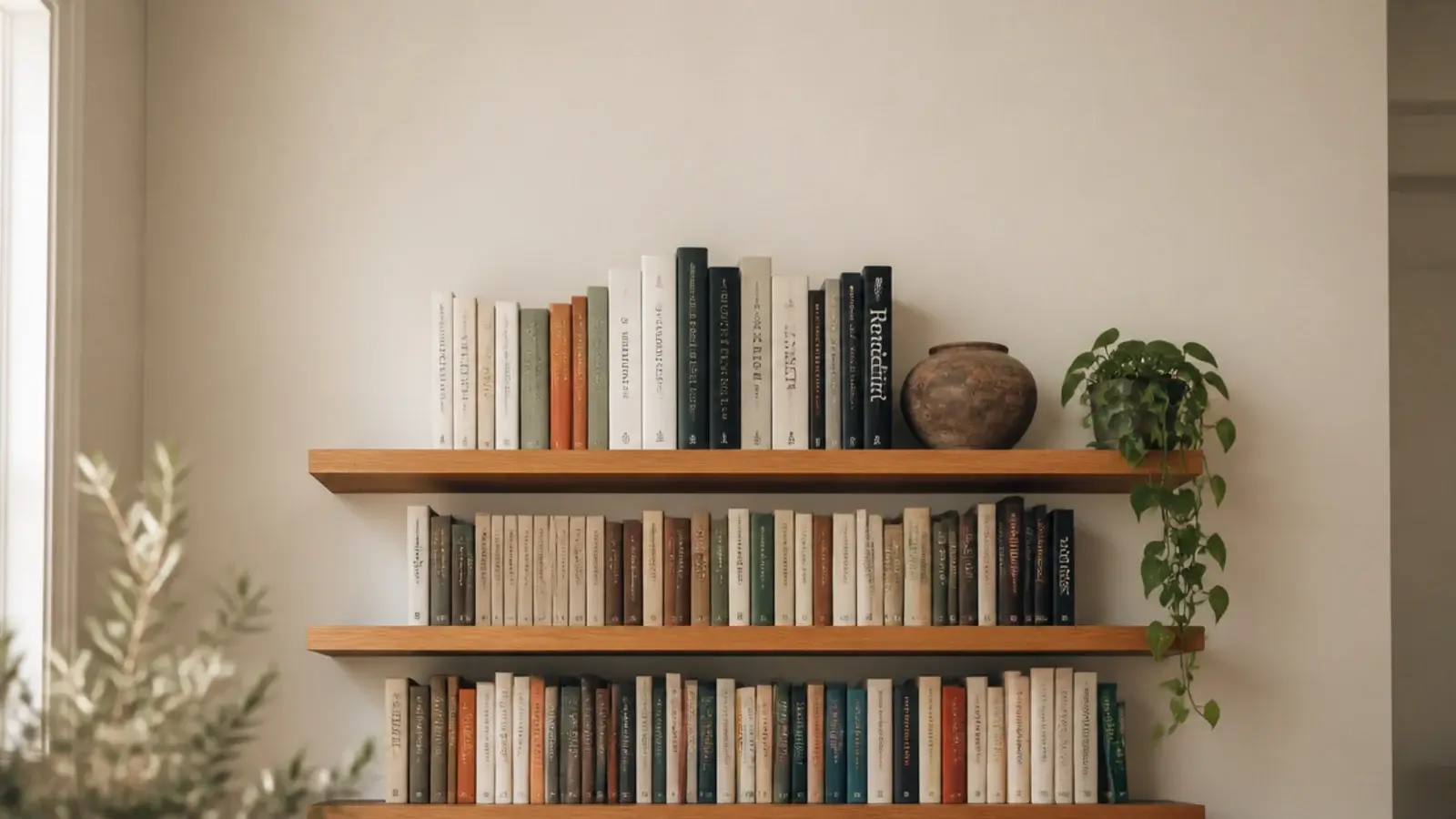 vertical image of floating bookshelves loaded with books and pottery