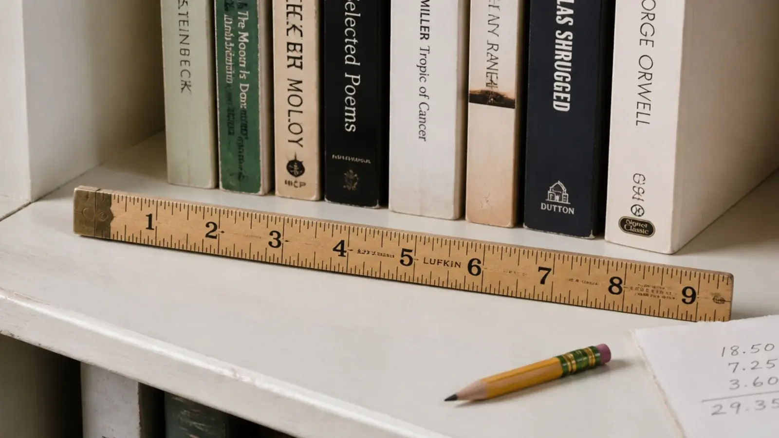 tape measure showing a nine inch shelf depth against a narrow wall