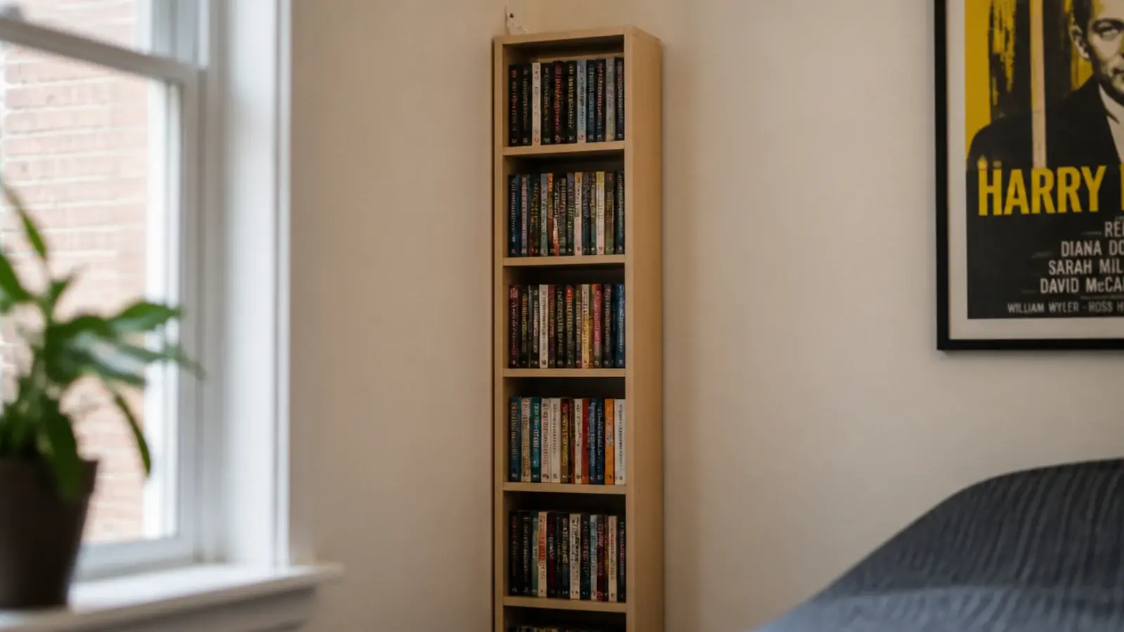 slim tall bookshelf tower filled with paperbacks in a tight corner