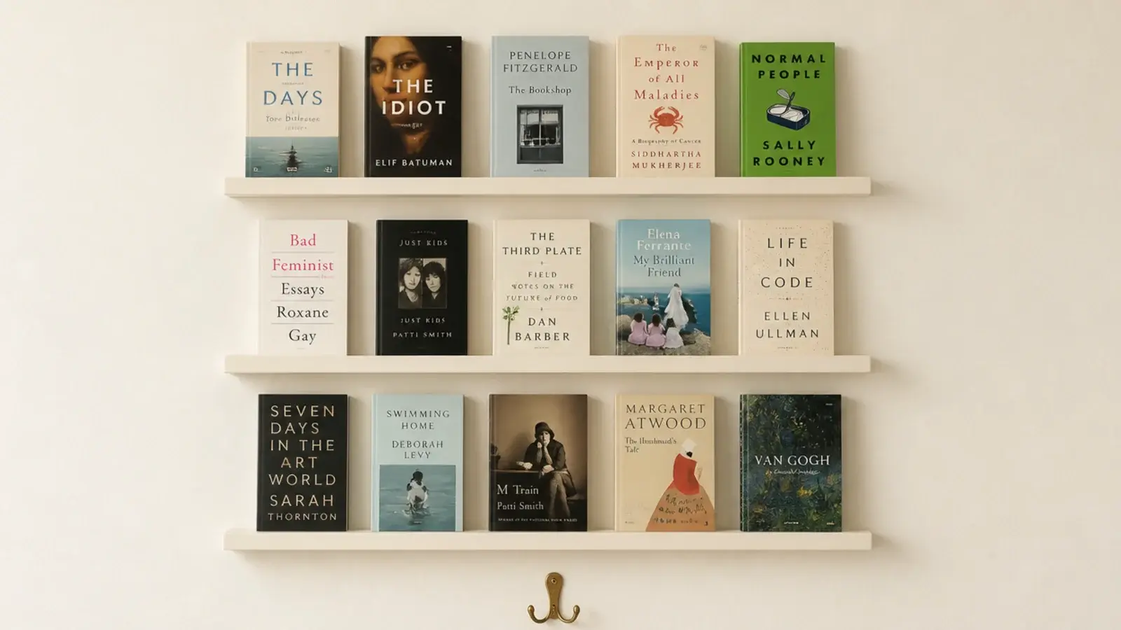 shallow picture ledges holding paperbacks cover out on a small wall
