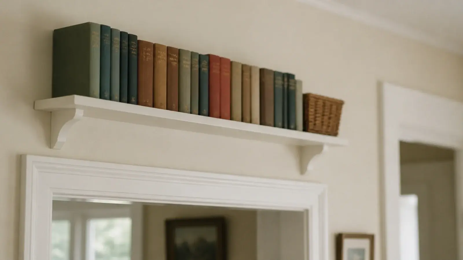 narrow shelf mounted above a doorway holding a row of hardbacks