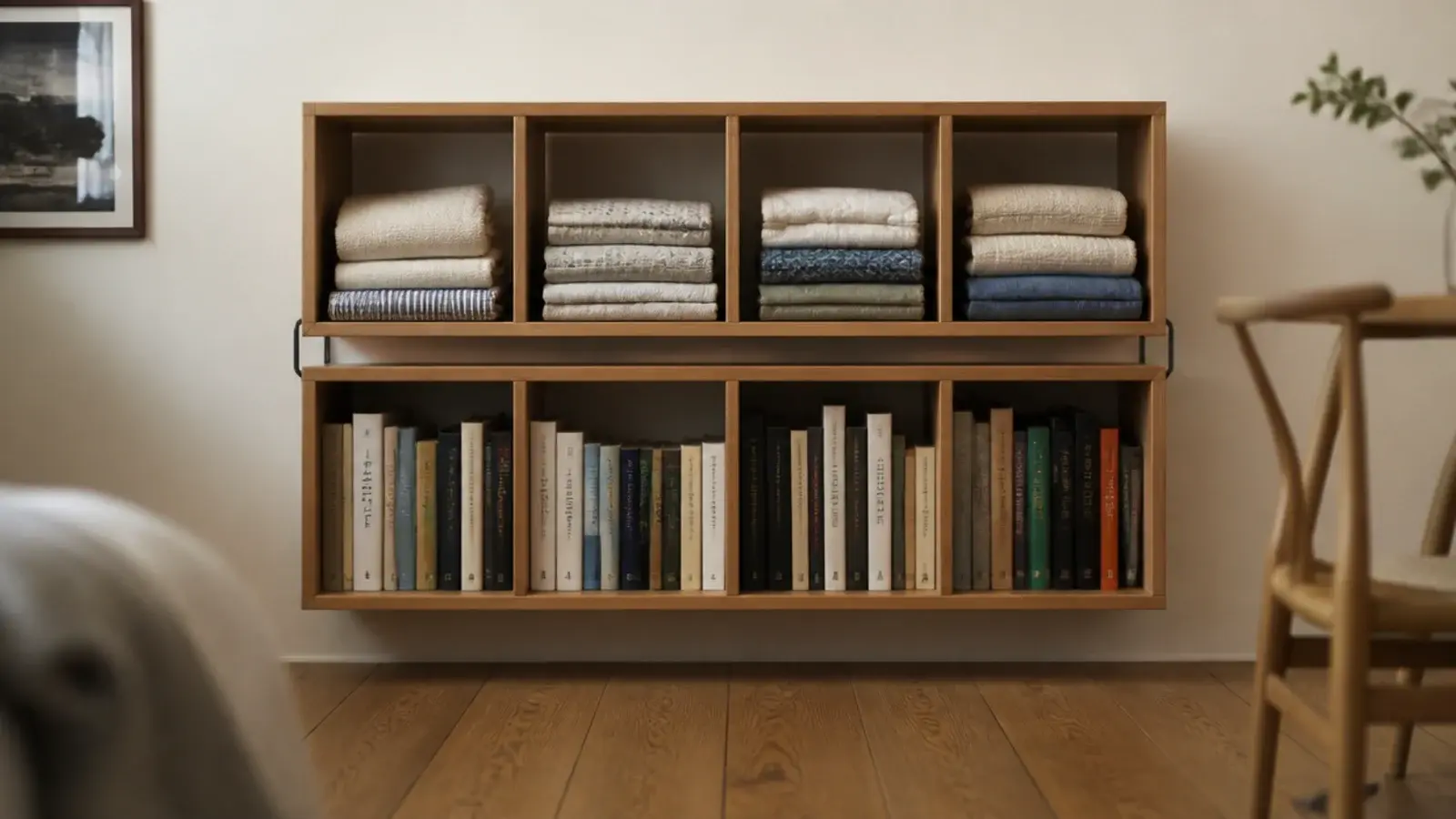 two square cube shelf units stacked to make a tall small bookshelf