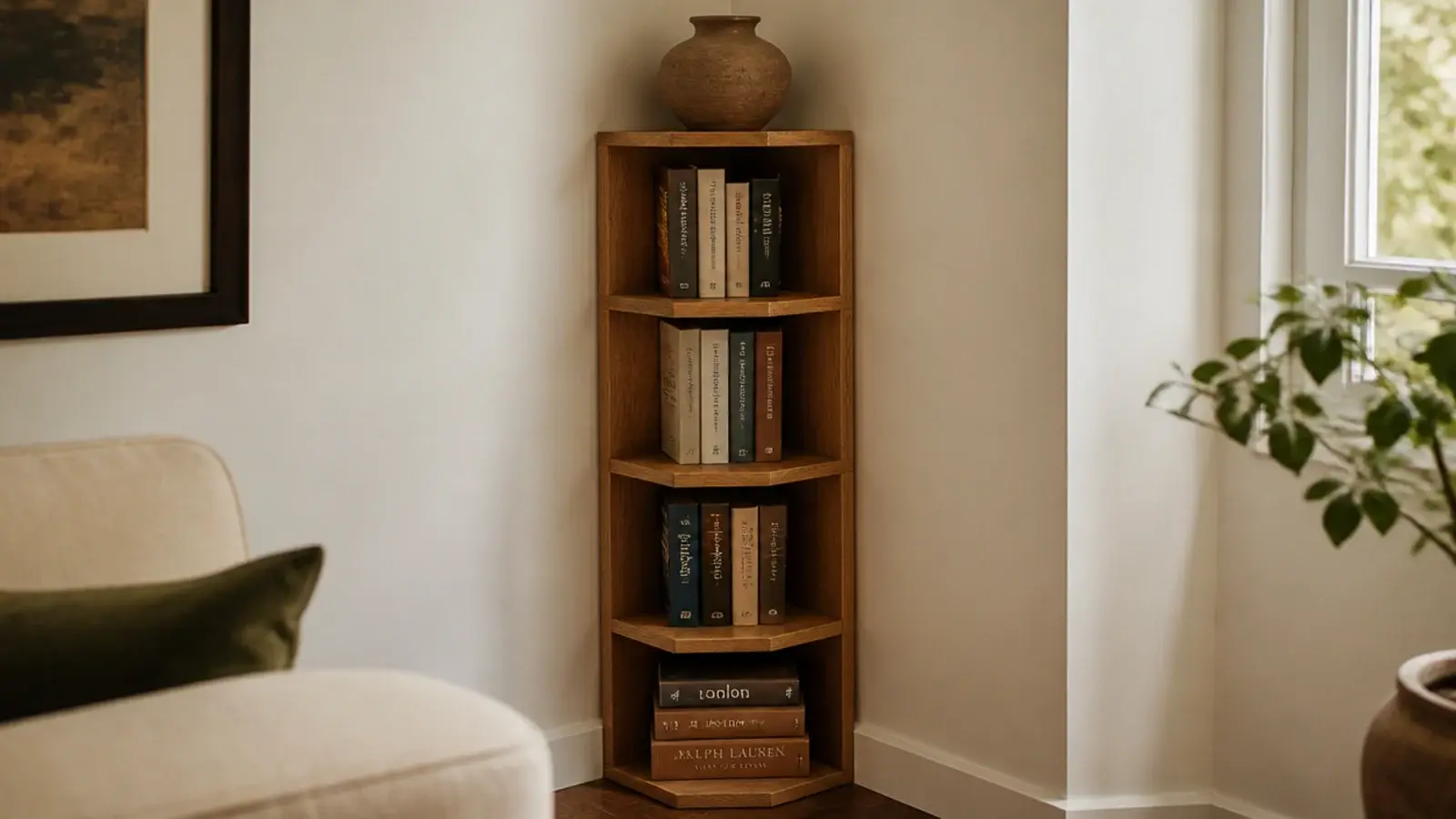 corner book tower with eleven inch faces holding hardbacks and pottery