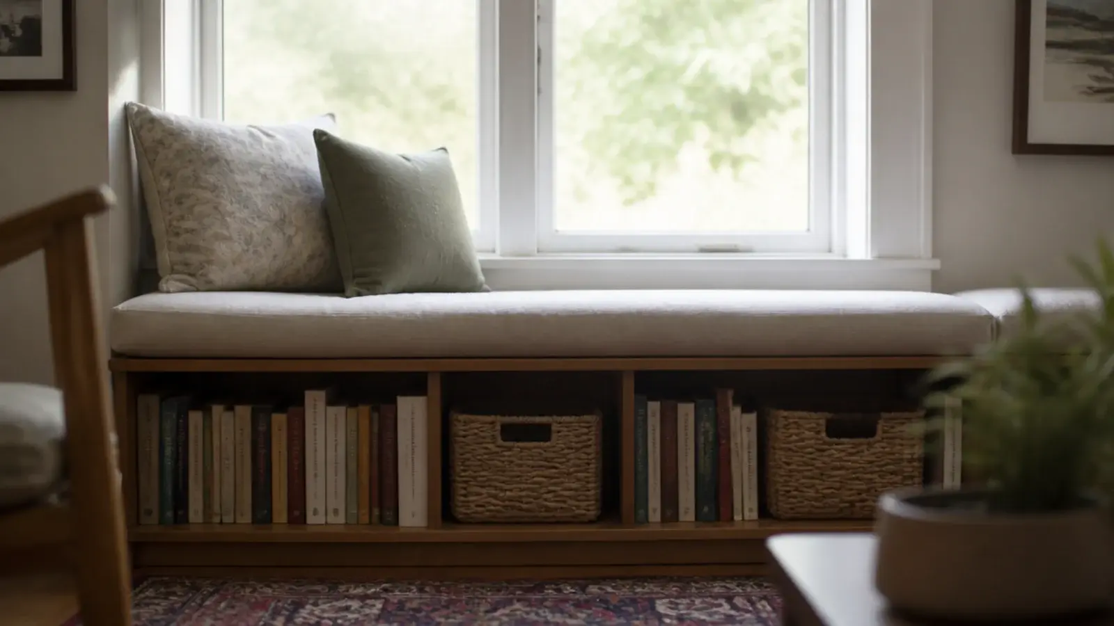 low bookshelf run beneath a window holding books and a cushion above