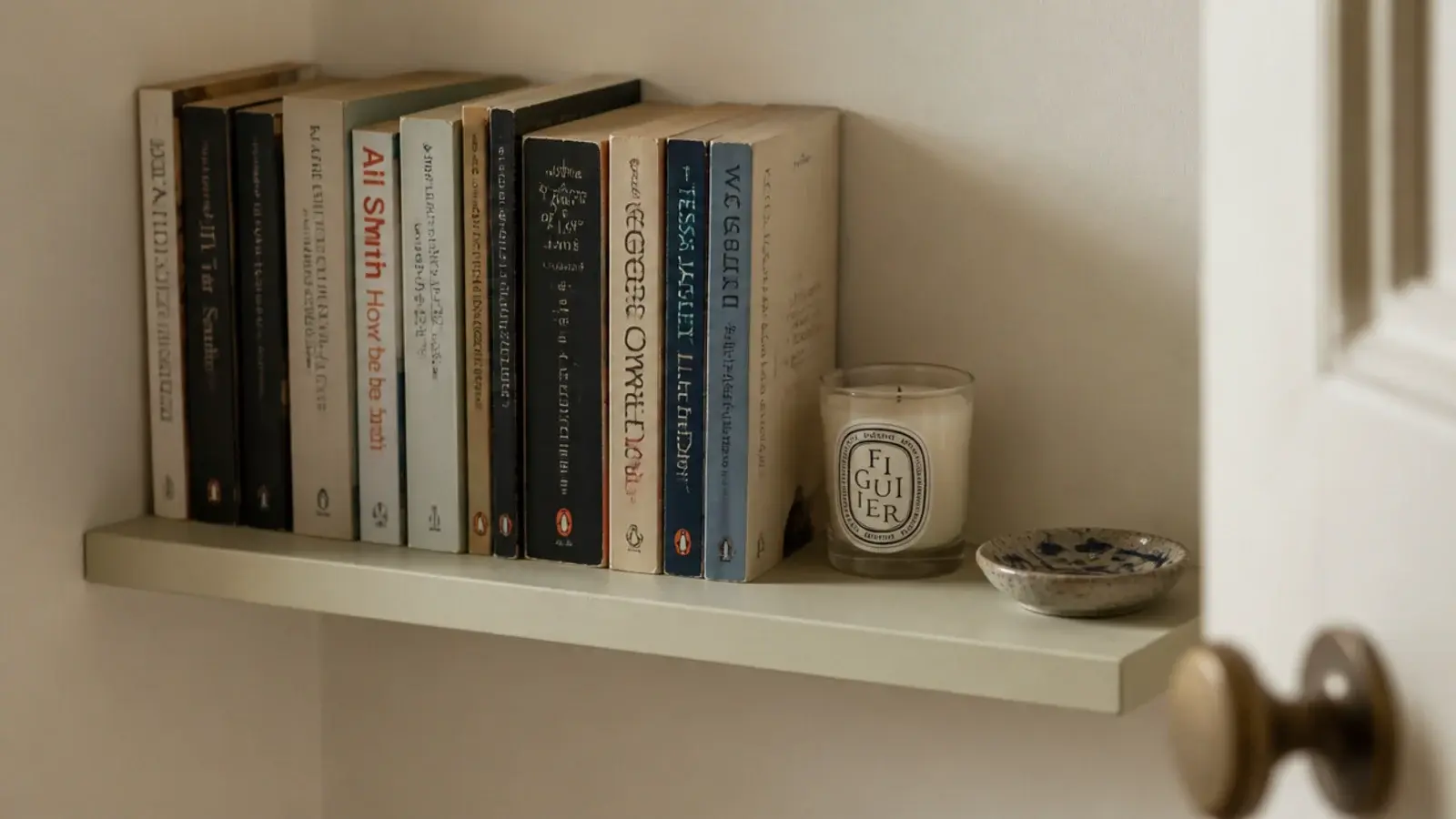 six inch deep shelf mounted on the wall behind an open bedroom door