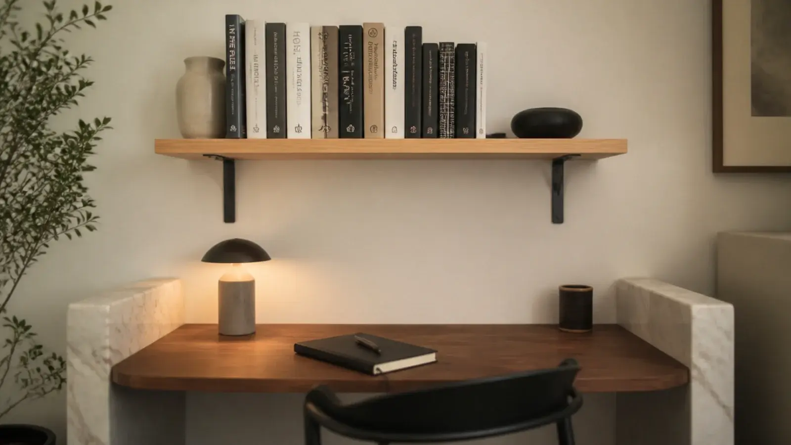 single pine board on black brackets above a small desk with books