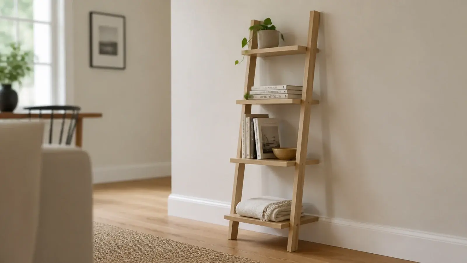leaning ladder bookshelf against a wall in a small rented room