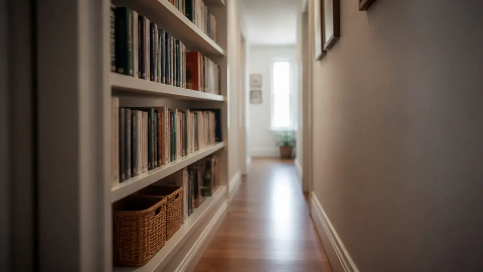 narrow ten inch bookshelf running along a tight hallway wall