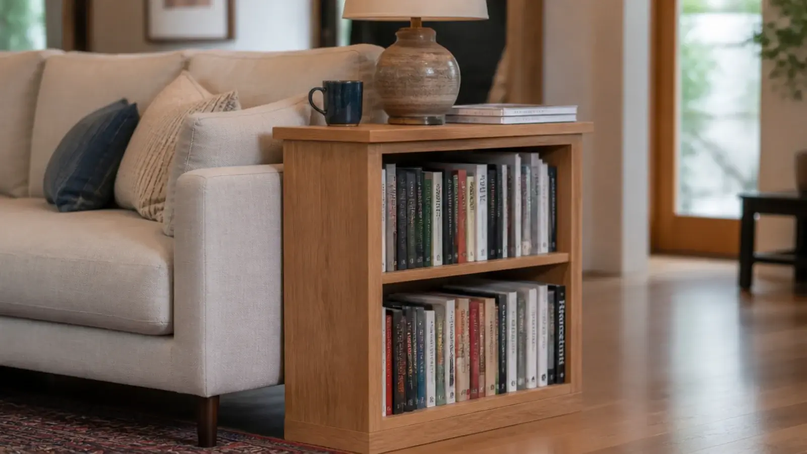 low bookcase doubling as a side table beside a small linen sofa