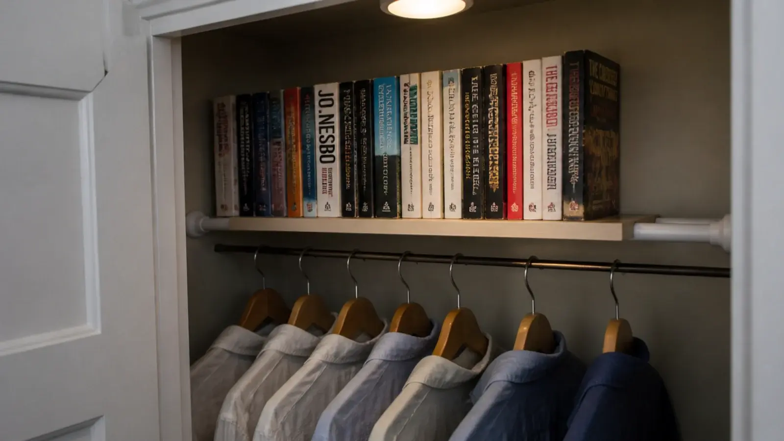 tension rod shelf inside a closet holding lightweight paperbacks