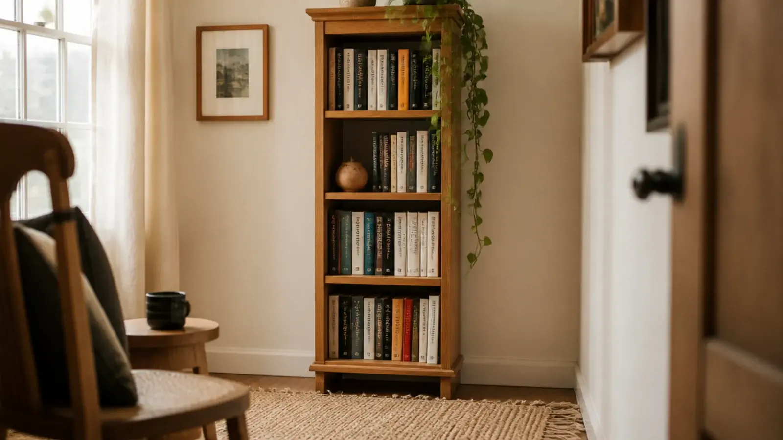 small bookshelf tower in a narrow room holding paperbacks and one plant