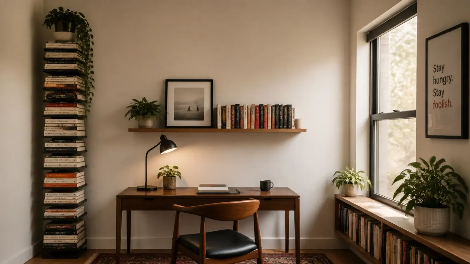 vertical image of small bookshelf solutions in a compact bright room