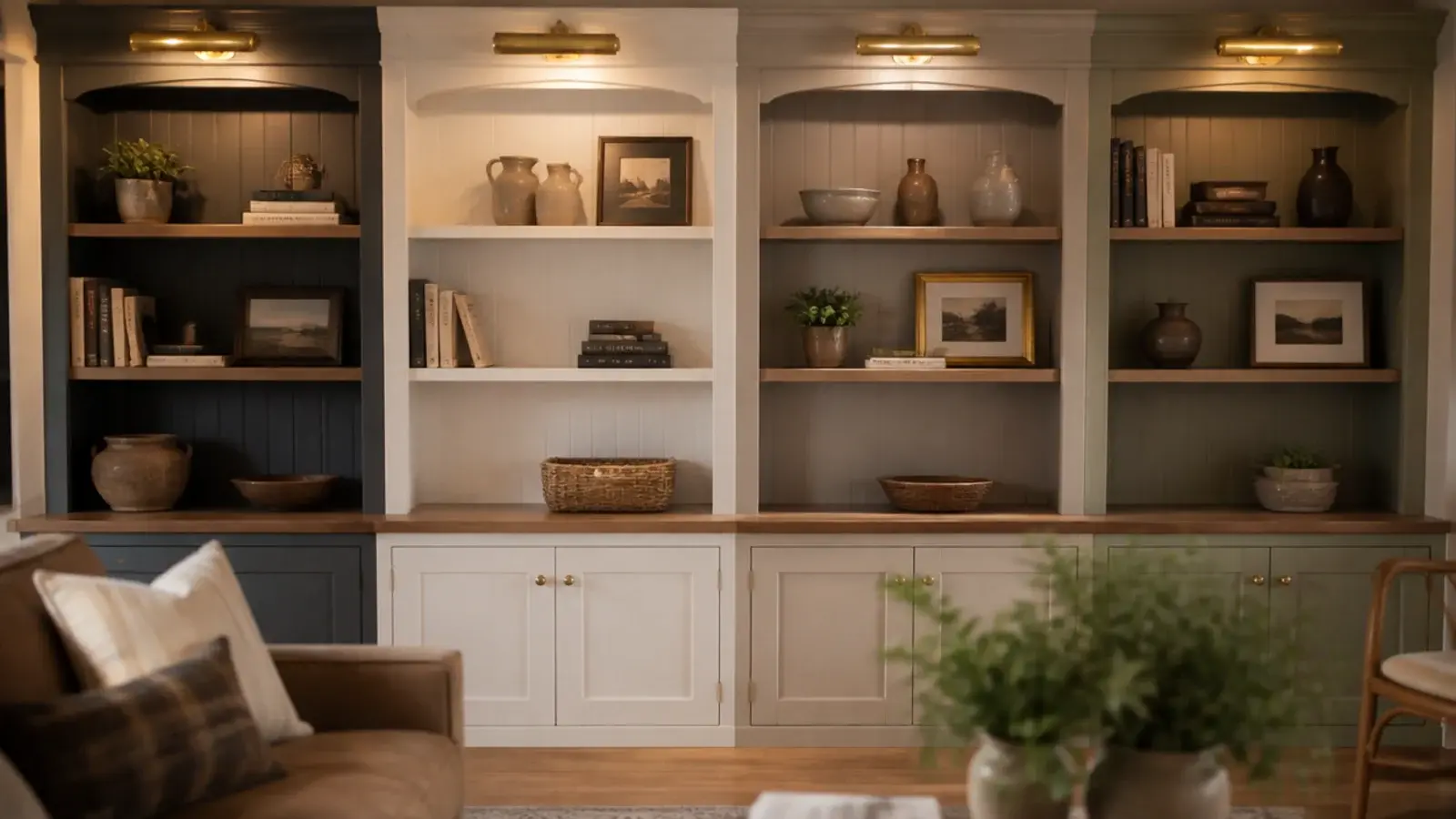 living room built-in shelf styling picks arranged together with books and pottery