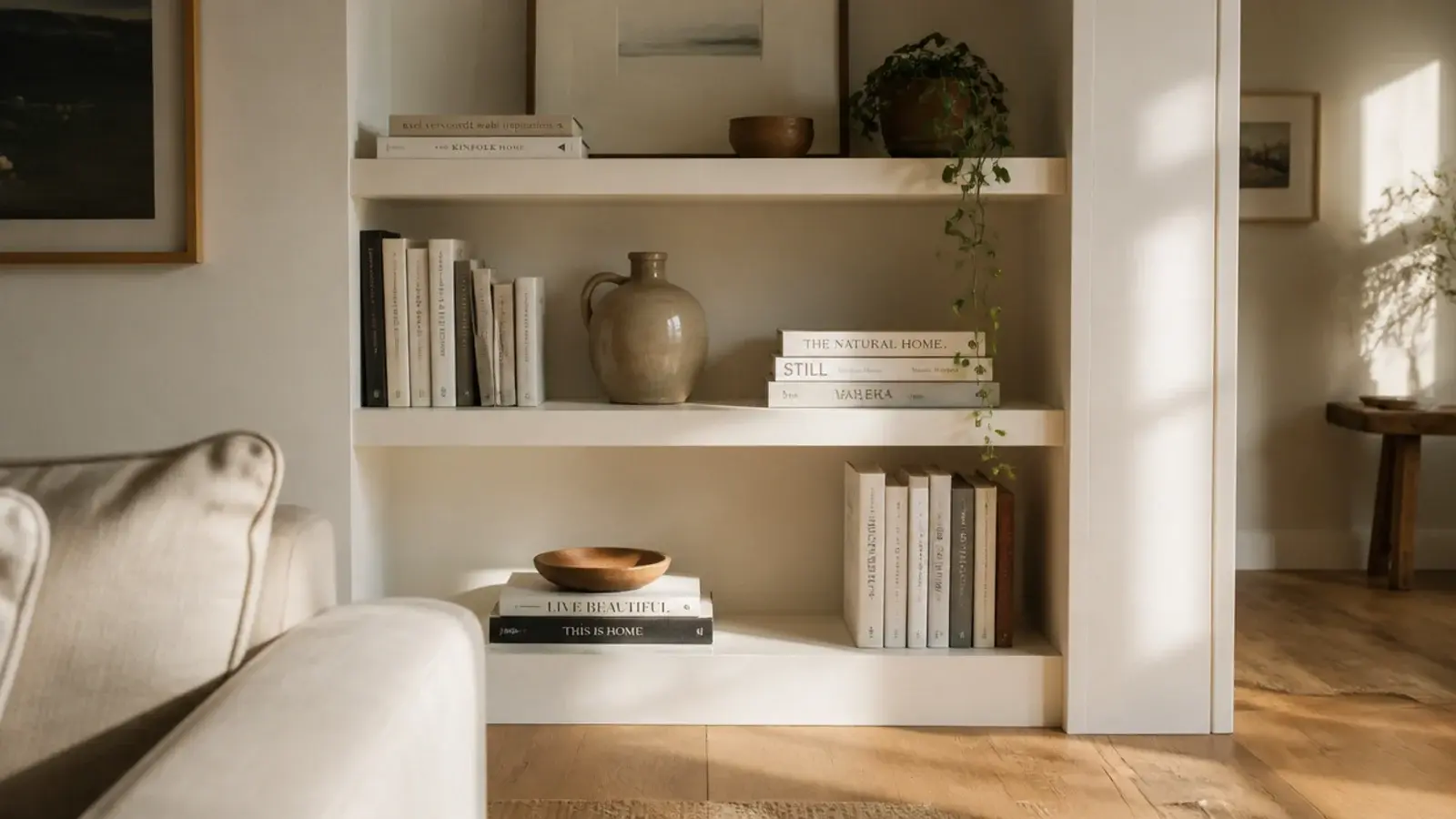 budget built-in shelves made from painted stock boards in a bright living room
