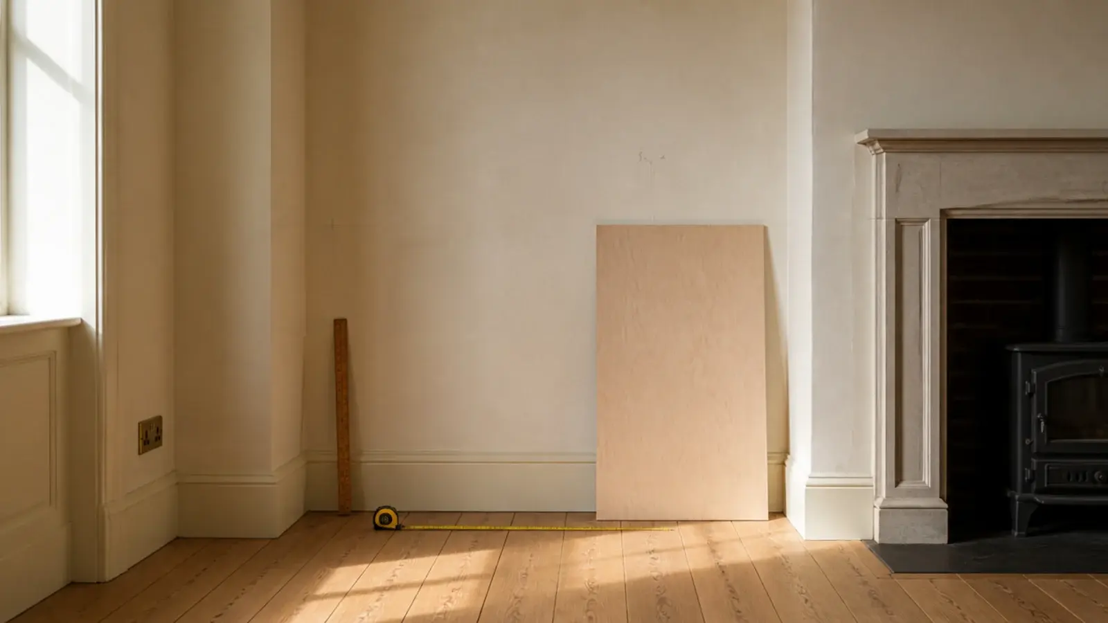 plywood sheet and tape measure against an empty living room alcove wall
