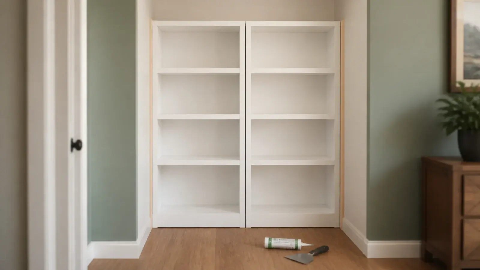 two stock bookcases trimmed into a plaster alcove with filler strips