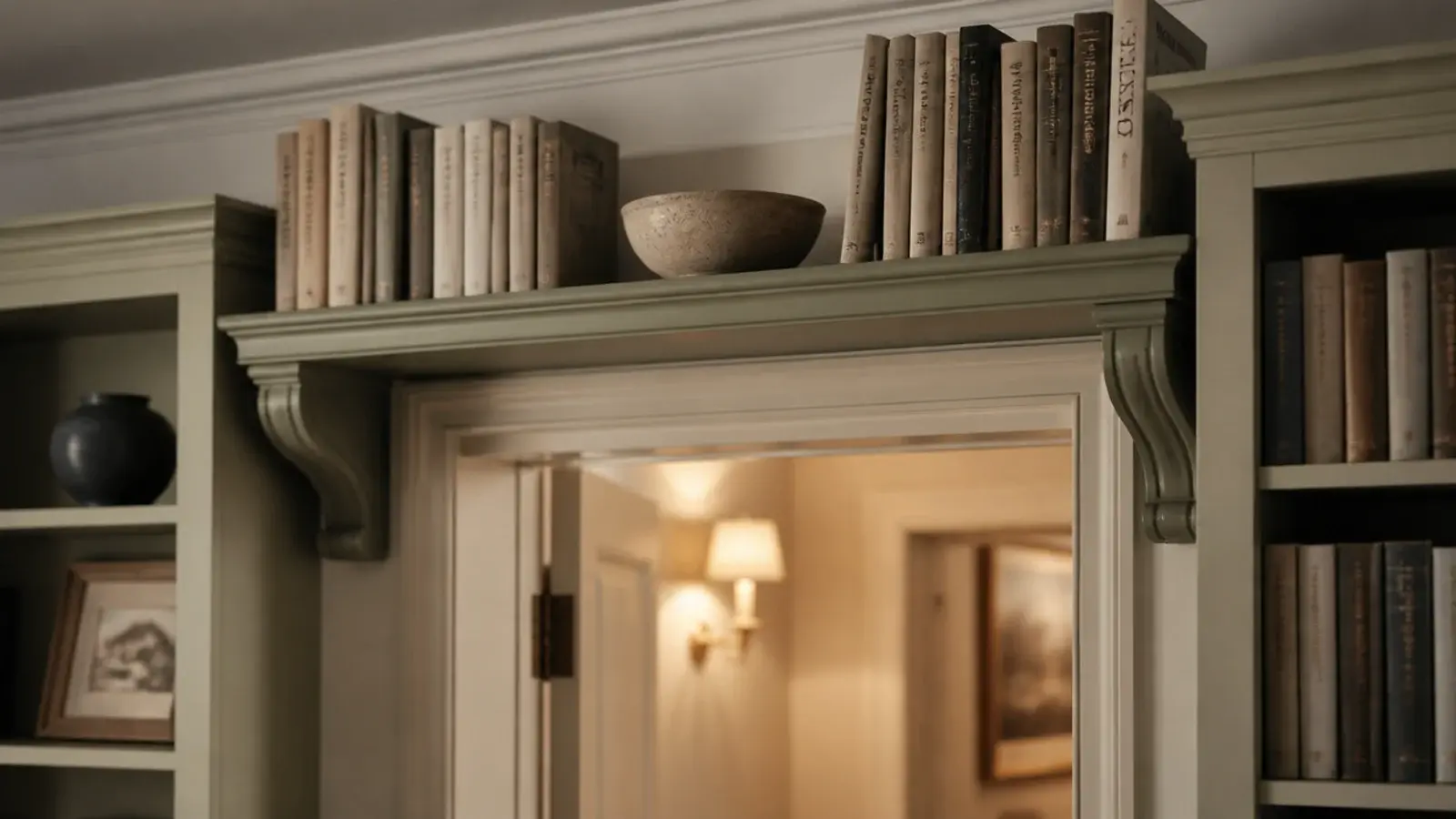 bridging shelf running above a doorway between two painted living room bookcases