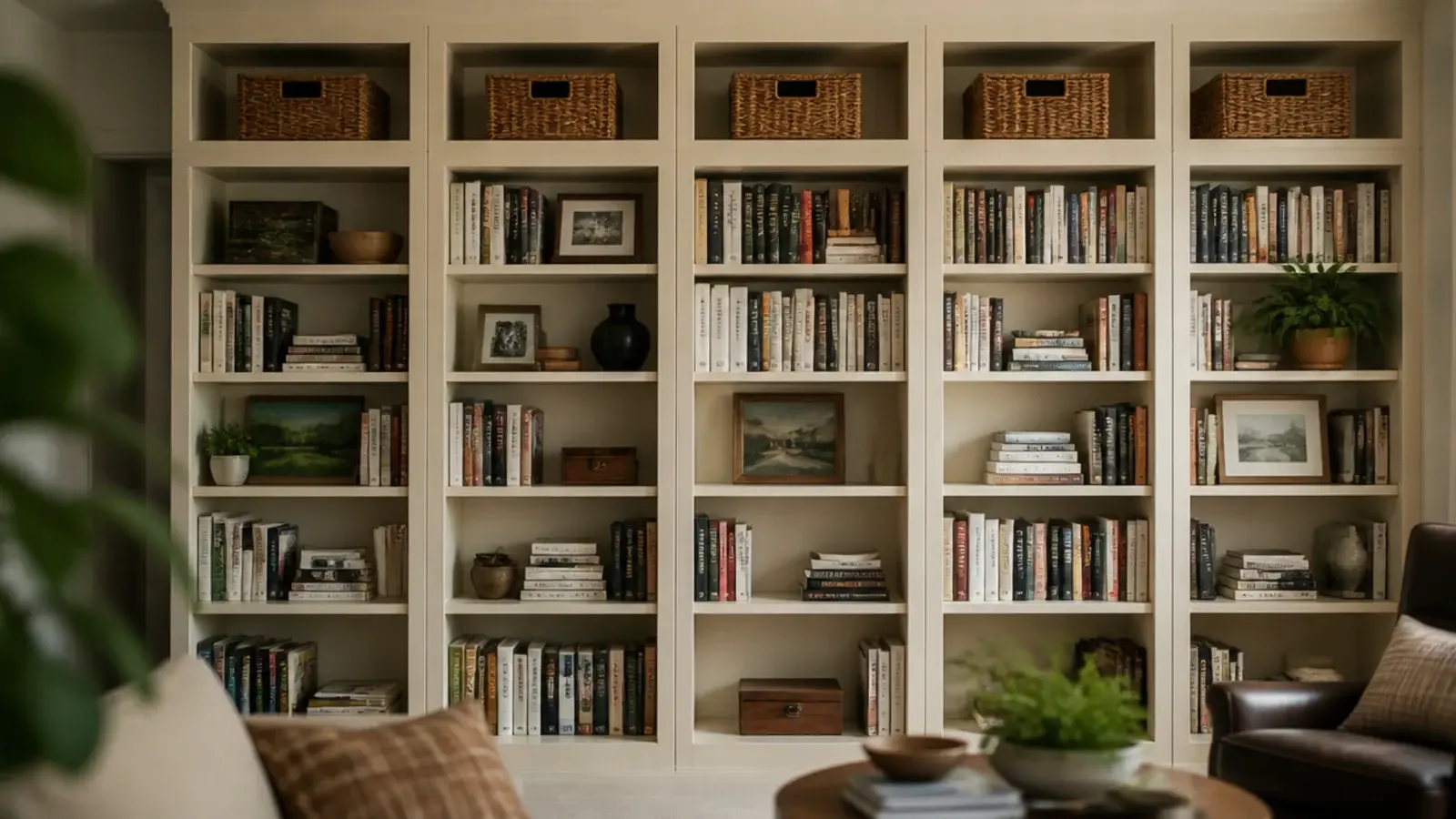 floor to ceiling built in bookshelves stacked above standard living room units