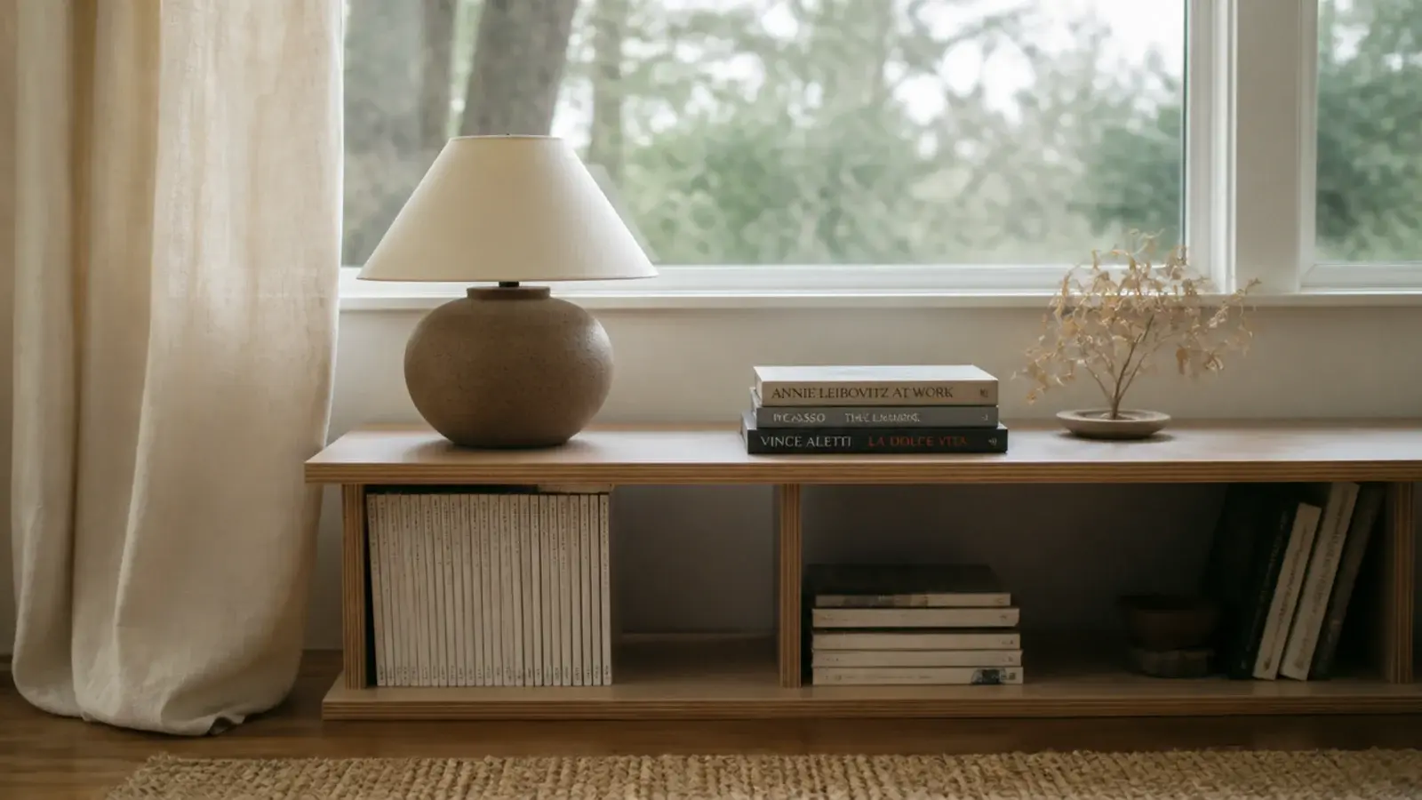 half height built in shelves running under a living room window sill