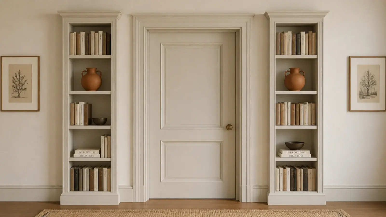 twin narrow bookshelf towers flanking a doorway in a cream living room