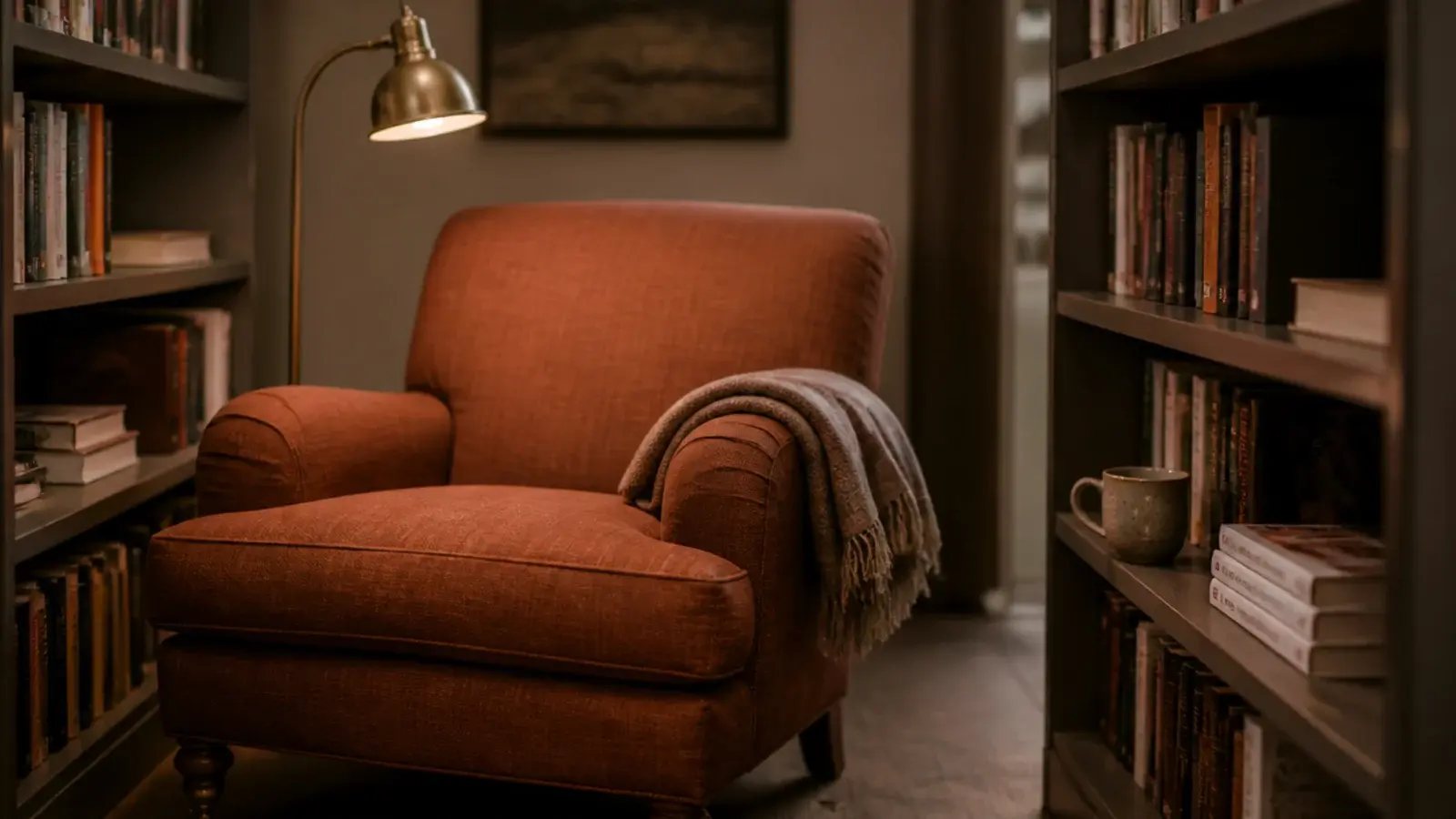 reading chair tucked into a nook framed by budget built in shelves