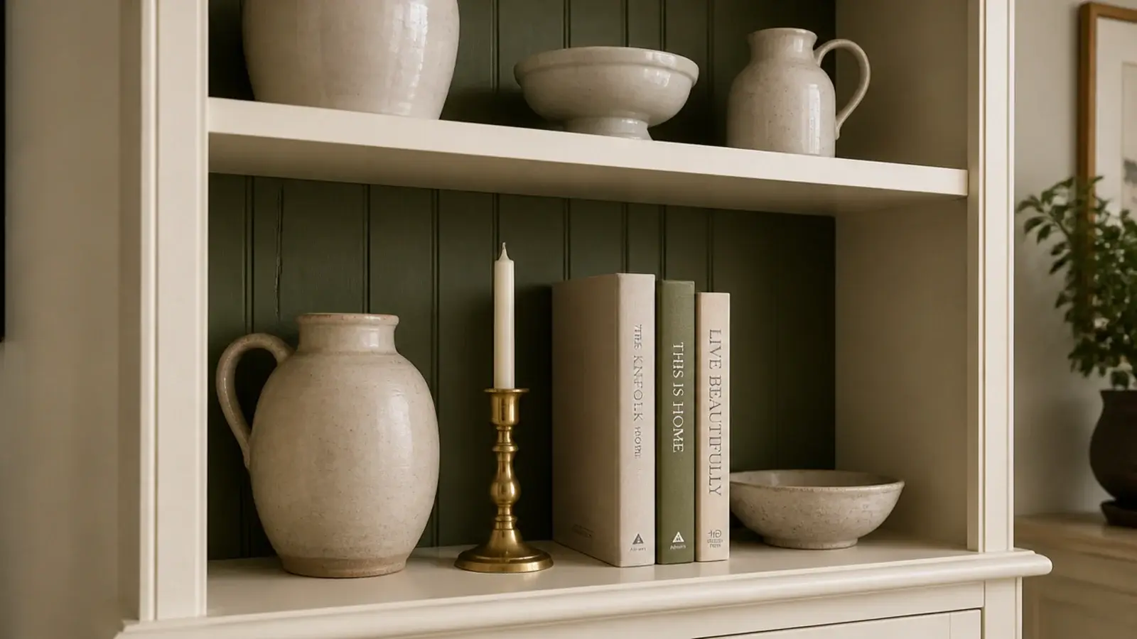 deep olive painted back panel behind cream built in bookshelves and pottery