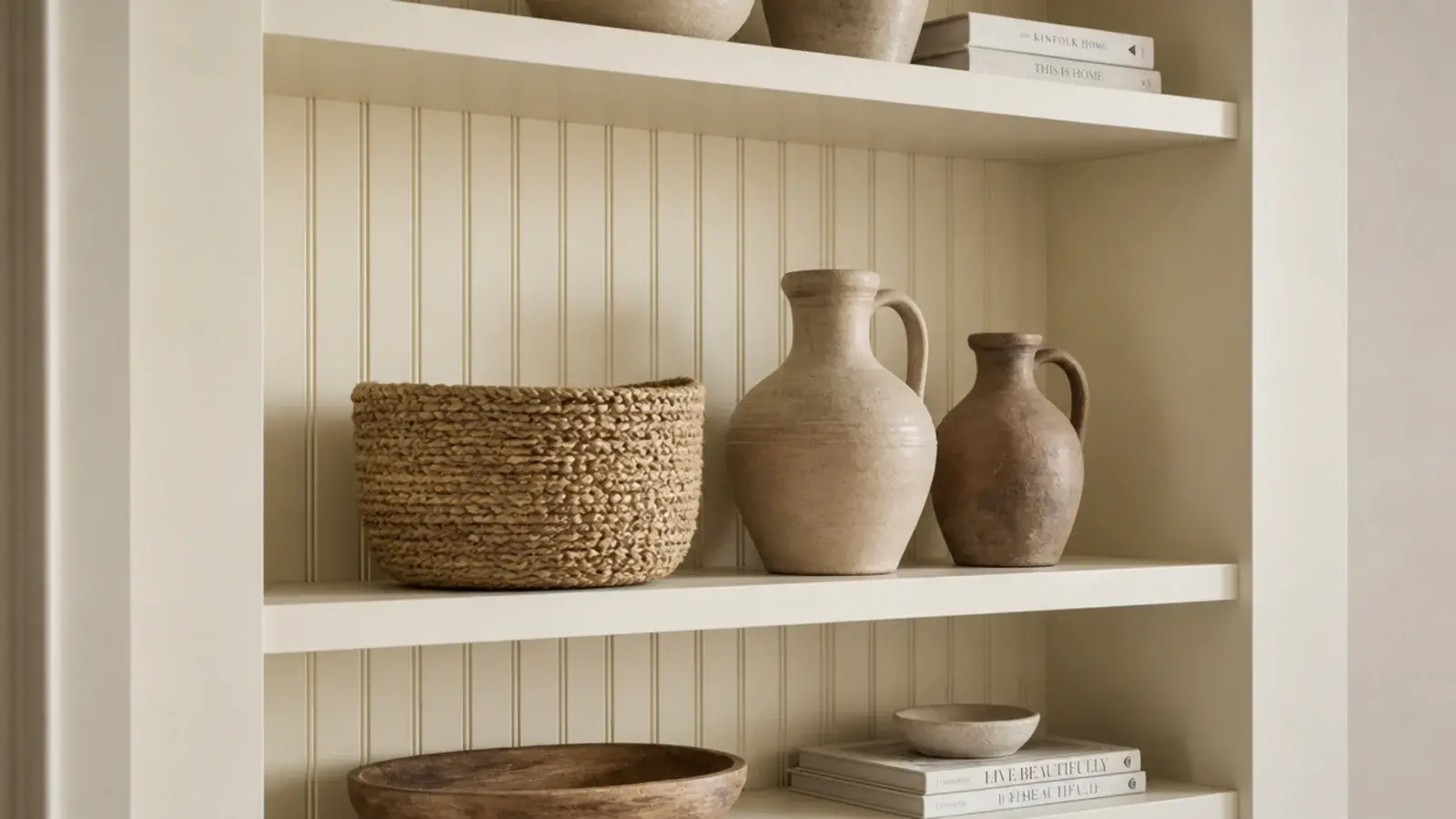 beadboard panelling stapled behind painted farmhouse built in shelves in a living room