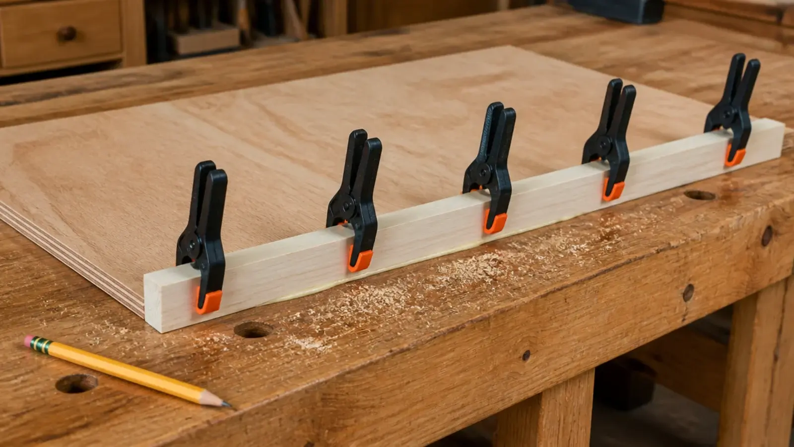 solid wood lip glued and clamped to the front edge of a shelf